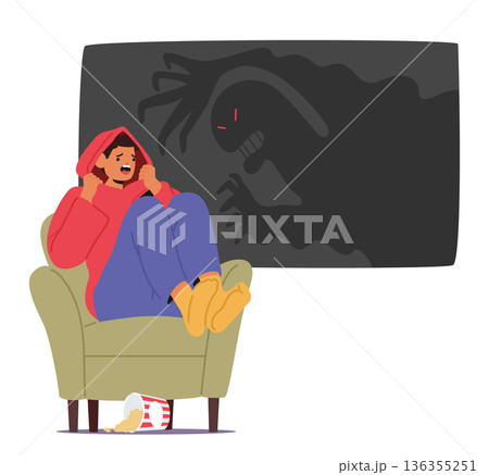 Terrified male teenager character reacting to scary movie watching horror film at home scene Terrified male teenager character reacting to scary movie watching horror film at home scene 136355251