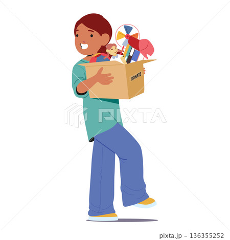 Happy smiling cute girl little helper carrying cardboard donate box with toys isolated on white 136355252