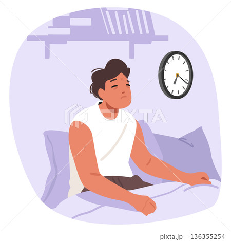 Sleepy young man cartoon character messy hair waking up in bed during his morning routine scene Sleepy young man cartoon character messy hair waking up in bed during his morning routine scene 136355254