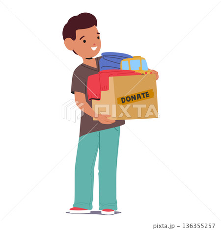 Little boy child cartoon character holding donate box with toys and clothes isolated on white 136355257