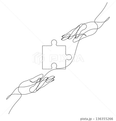 Continuous one line drawing of hands holding puzzle piece Continuous one line drawing of hands holding puzzle piece 136355266