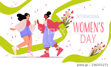 8 March womens day celebration two happy women dancing flowers confetti abstract green ribbon festive background website banner 136355272