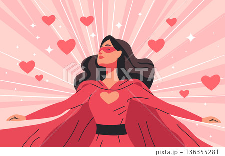 8 March womens day superhero woman power concept female in red cape surrounded by hearts rays pink background celebration theme 8 March womens day superhero woman power concept female in red cape surrounded by hearts rays pink background celebration theme 136355281