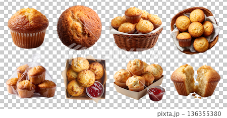 Set of basic plain classic muffin, quickbread, cake in a cup-shaped container, rattan basket, takeout box plastic bag with jam spread, stack pile broken bitten, transparent cutout PNG. Many mockup 136355380