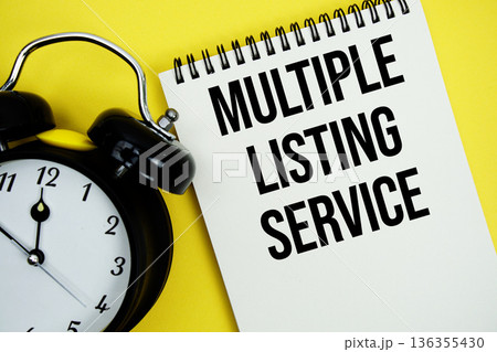Multiple Listing Service text with alarm clock flat lay on yellow background Multiple Listing Service text with alarm clock flat lay on yellow background 136355430