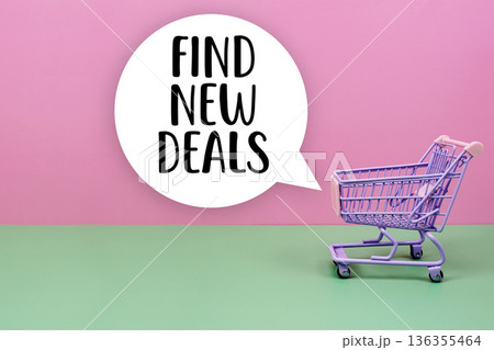 Find New Deals text with trolley shopping cart Find New Deals text with trolley shopping cart 136355464