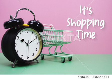 It's Shopping Time text with trolley shopping cart 136355474