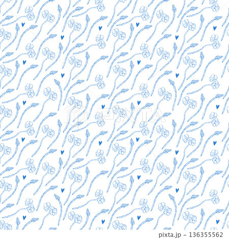 Vintage floral design, delicate white and blue seamless pattern. Garden, small wildflowers, small floral vector pattern. Design for fashion, fabrics, textiles, and wallpaper. Vector blue illustration 136355562