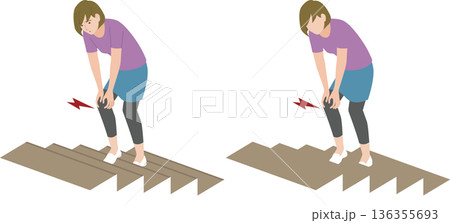 階段を昇る時、膝が痛むシニア女性のイラスト 階段を昇る時、膝が痛むシニア女性のイラスト 136355693