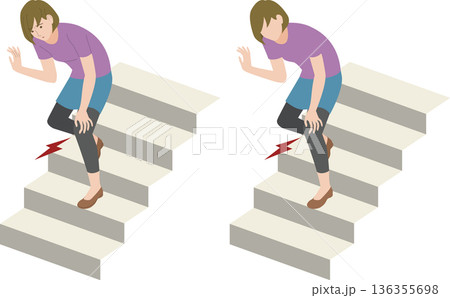 階段を降りる時、膝が痛むシニア女性のイラスト 136355698