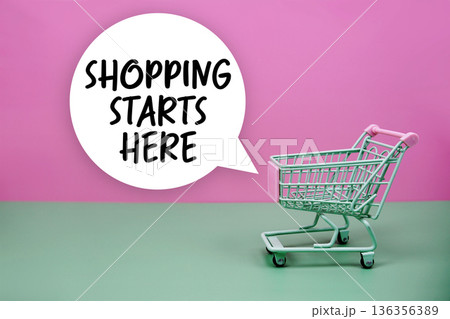 Shopping Starts Here text with trolley shopping cart 136356389
