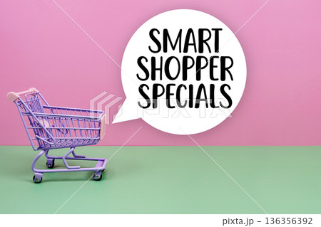 Smart Shopper Specials text with trolley shopping cart Smart Shopper Specials text with trolley shopping cart 136356392
