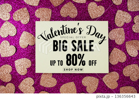 Valentine's Day Big Sale 80% off with pink heart on pink glitter background Valentine's Day Big Sale 80% off with pink heart on pink glitter background 136356643