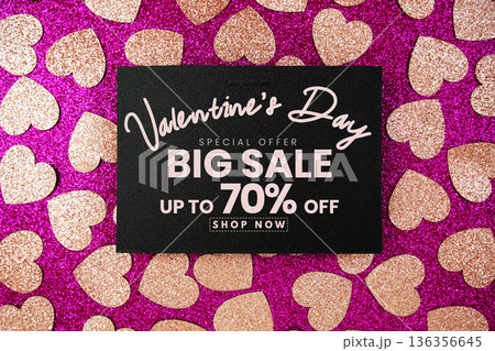 Valentine's Big Sale 70% off with pink heart on purple glitter background 136356645