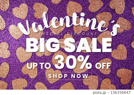 Valentine's Big Sale 30% off with pink heart on purple glitter background Valentine's Big Sale 30% off with pink heart on purple glitter background 136356647