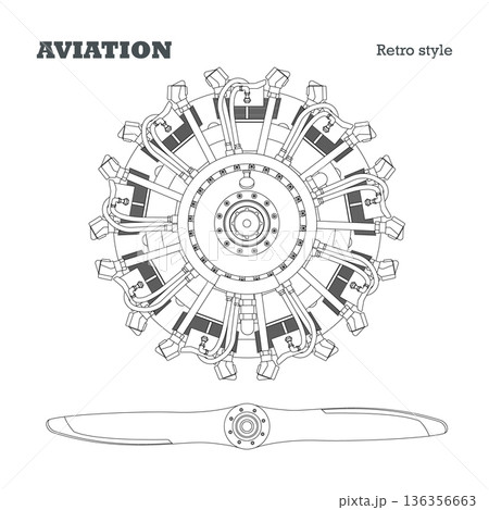Aircraft piston engine. Outline blueprint. Rotor radial motor. Industrial isolated drawing. Sketch of retro machine. Aviation banner Aircraft piston engine. Outline blueprint. Rotor radial motor. Industrial isolated drawing. Sketch of retro machine. Aviation banner 136356663