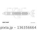 Passenger aircraft outline blueprint. Linear aircraft seat map. Interior of a modern jet aircraft. Top view drawing. Lopa concept 136356664