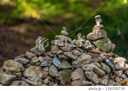 Stone cairns stacked on rocky mound in forest 136356730