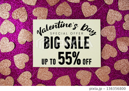 Valentine's Day Big Sale 55% off with pink heart on pink glitter background Valentine's Day Big Sale 55% off with pink heart on pink glitter background 136356800