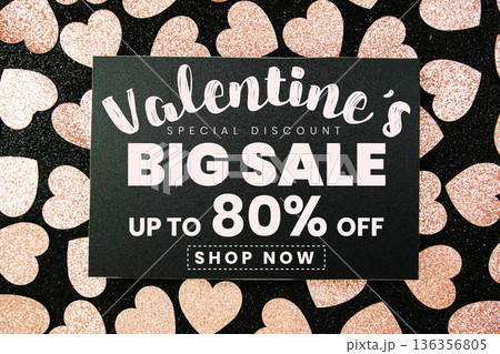 Valentine's Big Sale 80% off with pink heart on black background 136356805