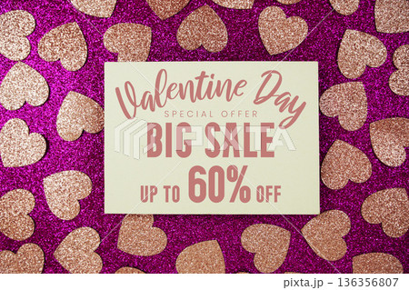 Valentine's Big Sale 60% off with pink heart on pink glitter background 136356807