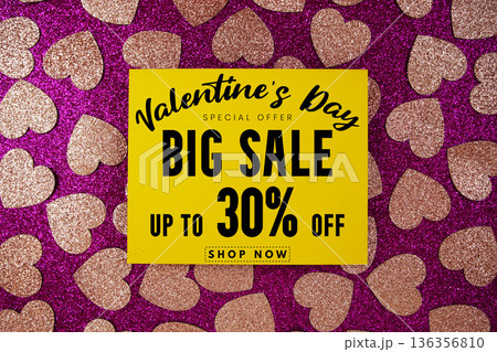 Valentine's Big Sale 30% off with pink heart on pink glitter background Valentine's Big Sale 30% off with pink heart on pink glitter background 136356810