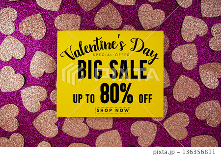 Valentine's Big Sale 80% off with pink heart on pink glitter background Valentine's Big Sale 80% off with pink heart on pink glitter background 136356811