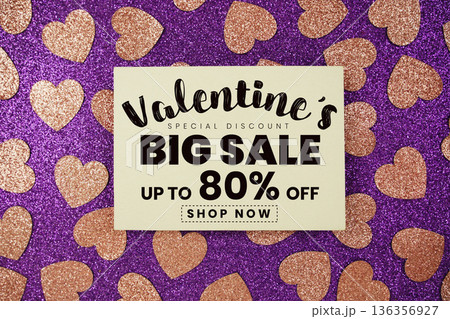 Valentine's Big Sale 80% off with pink heart on purple glitter background 136356927