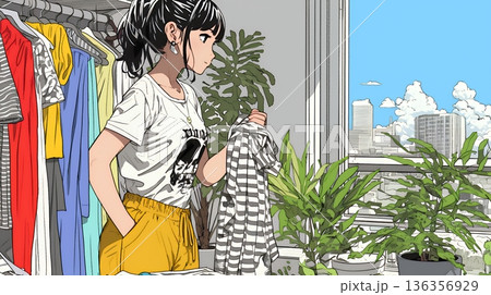 着ていく服をクローゼットから選ぶ若い女性 136356929