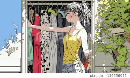 着ていく服をクローゼットから選ぶ若い女性 着ていく服をクローゼットから選ぶ若い女性 136356935