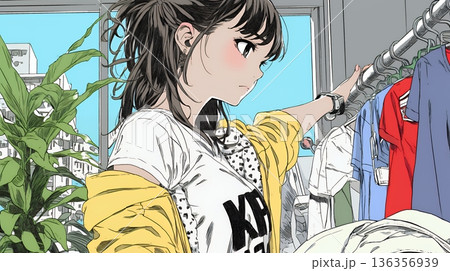 着ていく服をクローゼットから選ぶ若い女性