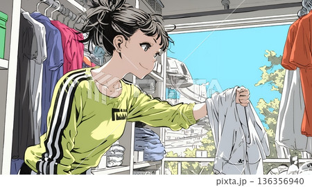 着ていく服をクローゼットから選ぶ若い女性