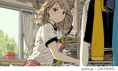 着ていく服をクローゼットから選ぶ若い女性