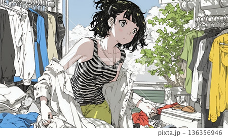 着ていく服をクローゼットから選ぶ若い女性