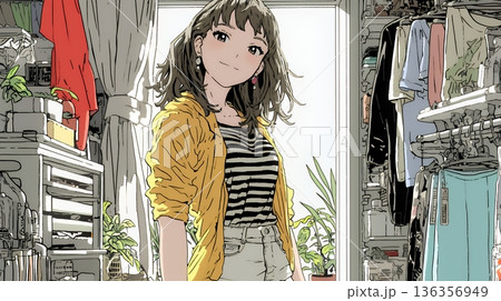 着ていく服をクローゼットから選ぶ若い女性