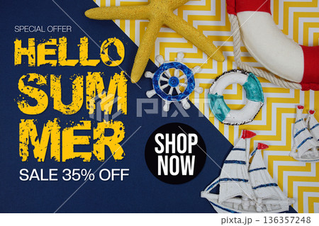 Hello Summer Sale 35% off Promotion Offer Discount Retail Shopping Concept 136357248