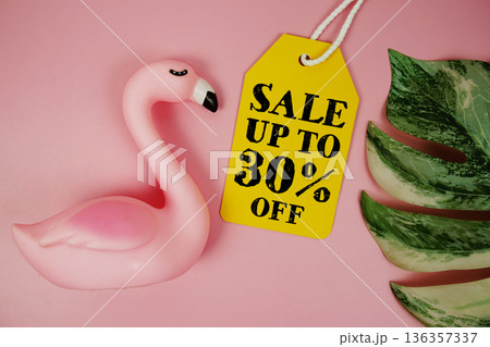 Price tag Sale 30% with summer decorations on pink background 136357337