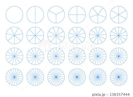 Segmented charts. Diagram wheel parts from 1 to 24. Pie chart templates set. Many number of sectors divide the circle on equal parts. Outline simple blue graphics. Pizza charts. Segments infographic. 136357444