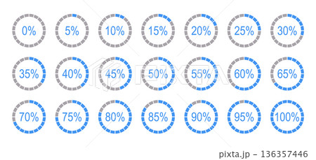 Percentage round diagrams icons for infographics from 0 to 100 percent. Infographic flat elements. Blue, grey colour fill divided pie charts indicator layouts. Circle graph loading progress mockups. Percentage round diagrams icons for infographics from 0 to 100 percent. Infographic flat elements. Blue, grey colour fill divided pie charts indicator layouts. Circle graph loading progress mockups. 136357446