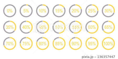 Percentage infographics template. Yellow, gray color fill pizza, pie charts indicator elements. Set of round diagrams icon layouts for infographics from 0 to 100 percent. Circle graph loading progress 136357447