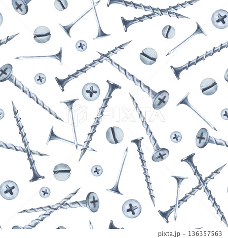 Seamless pattern with screws and nails on an insulated background. Watercolor illustration of a realistic working tool for home renovation. Suitable for packaging, wallpaper, wrapping paper. Seamless pattern with screws and nails on an insulated background. Watercolor illustration of a realistic working tool for home renovation. Suitable for packaging, wallpaper, wrapping paper. 136357563