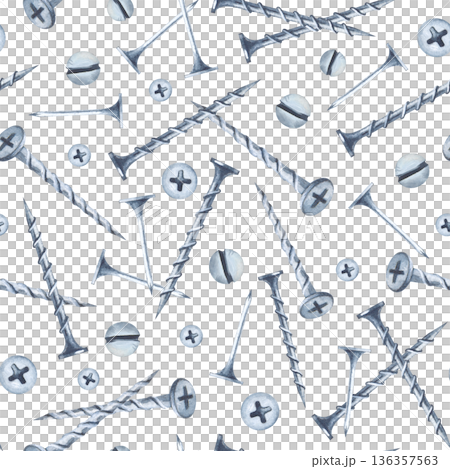 Seamless pattern with screws and nails on an insulated background. Watercolor illustration of a realistic working tool for home renovation. Suitable for packaging, wallpaper, wrapping paper. 136357563