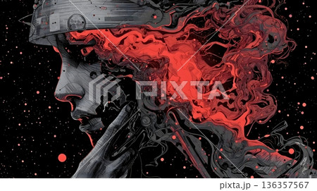 ヘルメットをかぶった抽象的な兵士の横顔、アンドロイド、ゴースト、AI 136357567