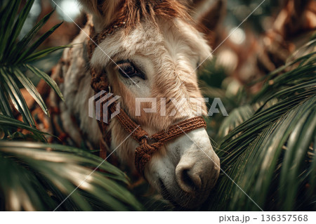 Portrait of a donkey among palm branches. 136357568