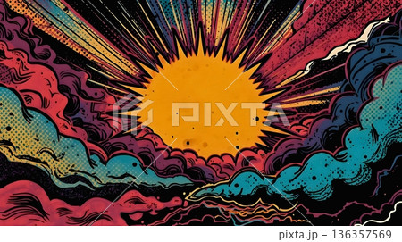 爆誕のPOPアート｜太陽とカラフルな爆炎 136357569