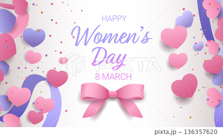 8 March womens day celebration pink bow hearts confetti purple ribbons festive background pastel colors greeting card template 136357620