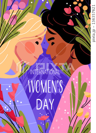 8 March womens day celebration two diverse women face to face surrounded by colorful flowers purple background floral decoration 8 March womens day celebration two diverse women face to face surrounded by colorful flowers purple background floral decoration 136357621