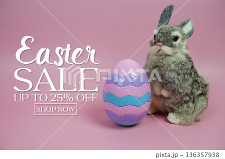 Easter Sale 25% promotion with Easter Egg and rabbits decorations concept on pink background Easter Sale 25% promotion with Easter Egg and rabbits decorations concept on pink background 136357938