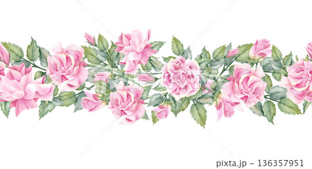 Pink rose flower seamless border. Watercolor floral illustration. Hand painted elegance spring botanical repeat art with leaves isolated from background. Wedding decoration, printing, textile design Pink rose flower seamless border. Watercolor floral illustration. Hand painted elegance spring botanical repeat art with leaves isolated from background. Wedding decoration, printing, textile design 136357951