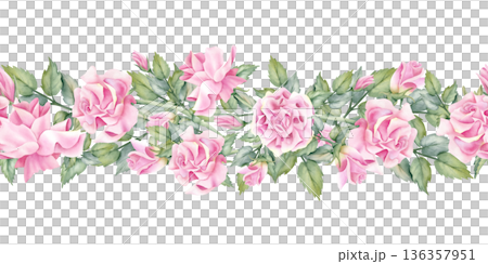 Pink rose flower seamless border. Watercolor floral illustration. Hand painted elegance spring botanical repeat art with leaves isolated from background. Wedding decoration, printing, textile design Pink rose flower seamless border. Watercolor floral illustration. Hand painted elegance spring botanical repeat art with leaves isolated from background. Wedding decoration, printing, textile design 136357951